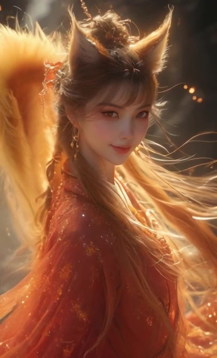 着红衣的狐耳少女，金色长发与红瞳，微笑。