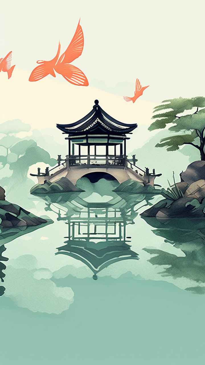 中国画园林植物水亭子插画 22