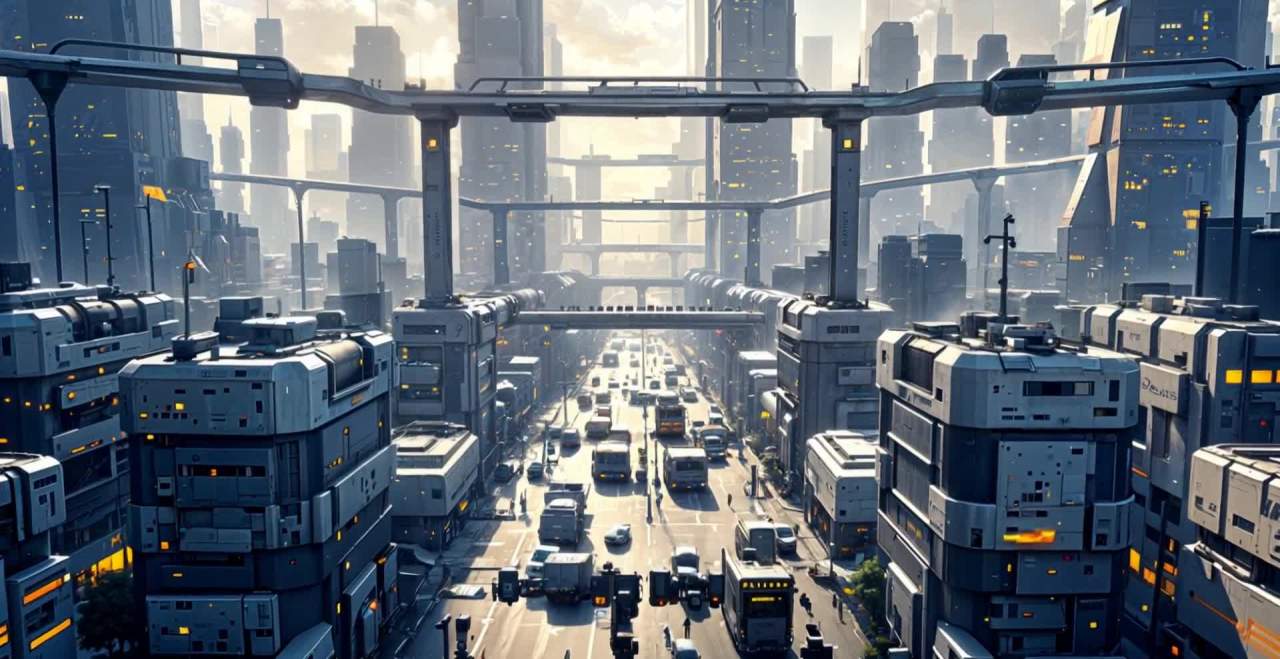 未来城市交通与高楼林立场景 3D 渲染