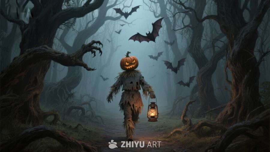 南瓜头幽灵在森林中提灯漫步