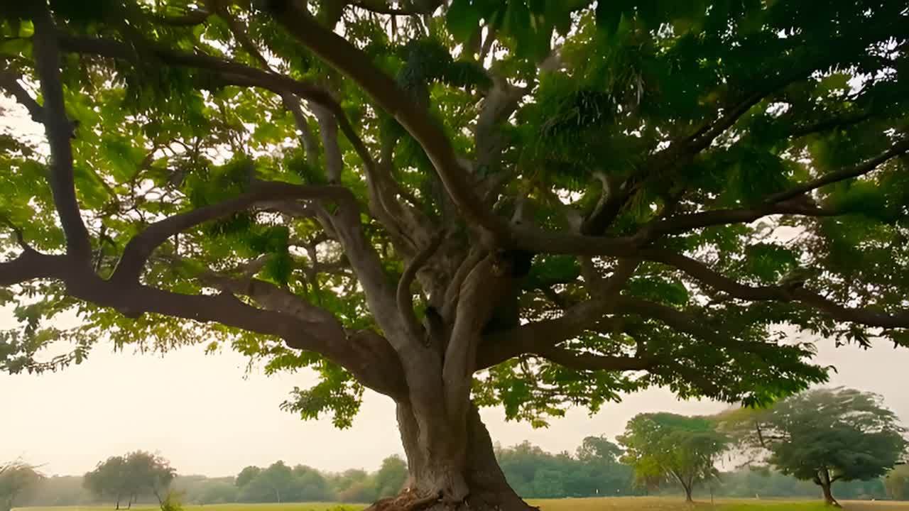 一棵高大的菩提树矗立在宁静的风景中，树叶在微风中轻
