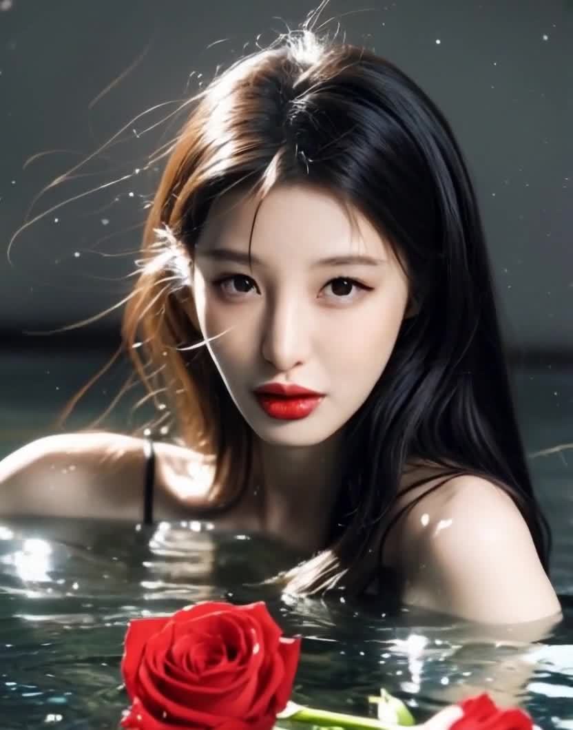 水中红唇女子与漂浮的红玫瑰