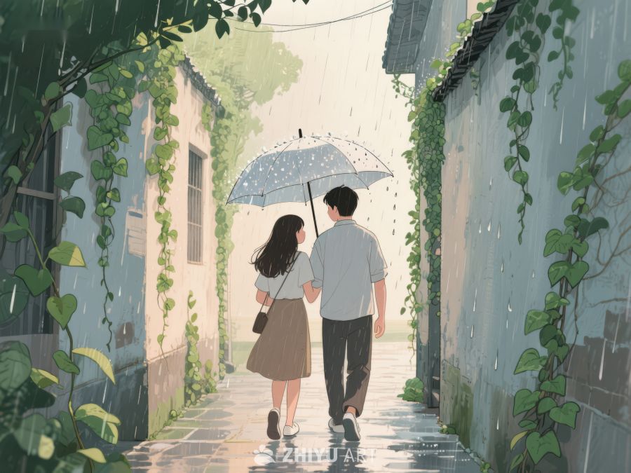 雨巷漫步，伞下情侣 1057