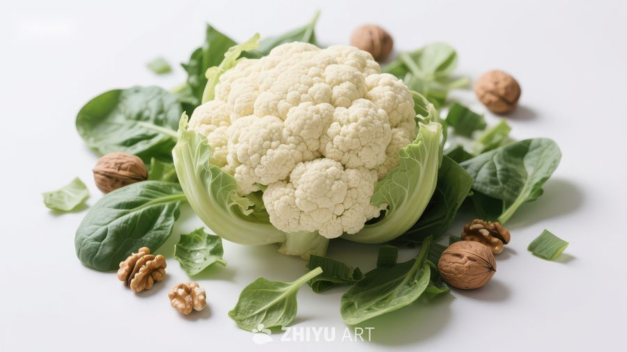 新鲜花椰菜与核桃绿叶相伴