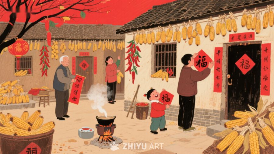 乡村春节，家人贴福字迎新年 939
