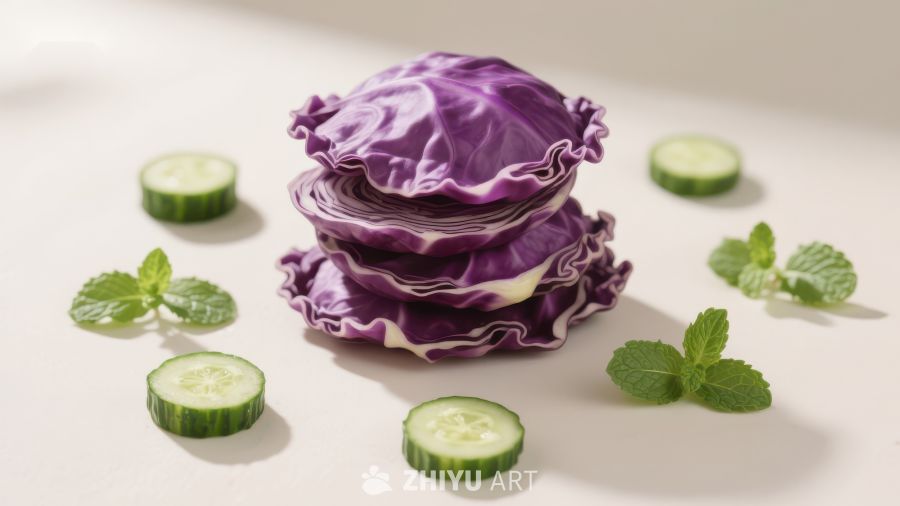 紫甘蓝切片与黄瓜薄片的清新组合