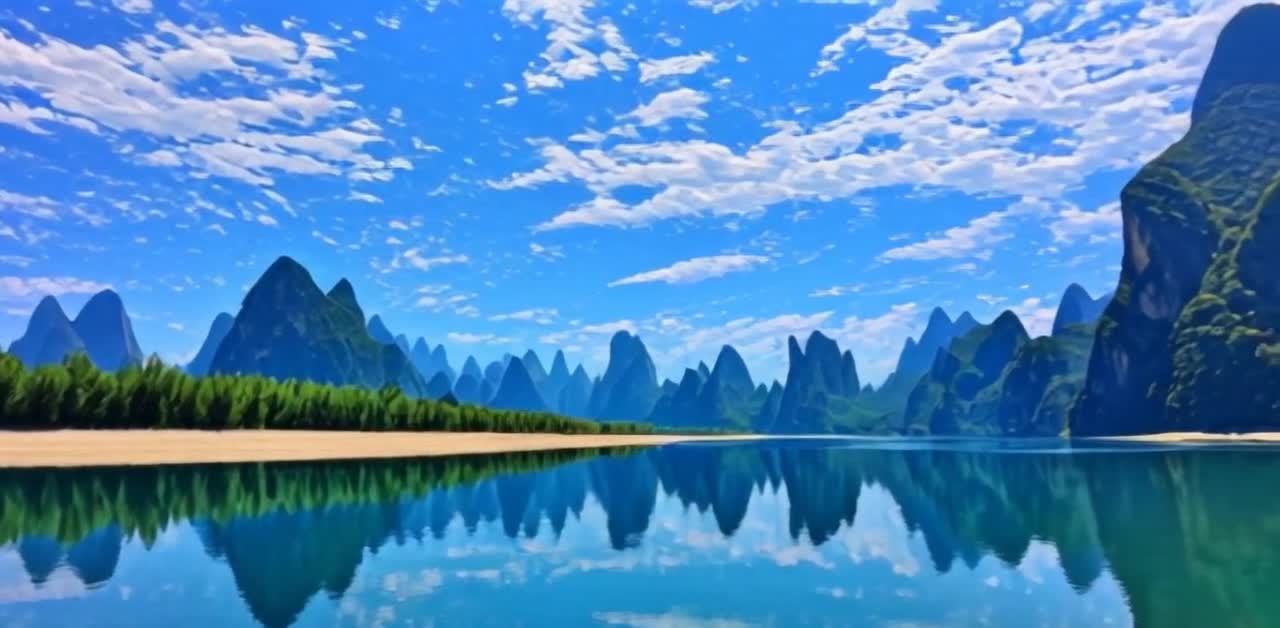 蓝天白云下群山倒影，平静湖面如诗如画。