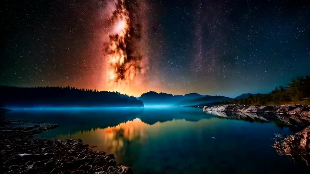 一片湖面映衬着夜空，夜空中布满星星，同时有一片红色