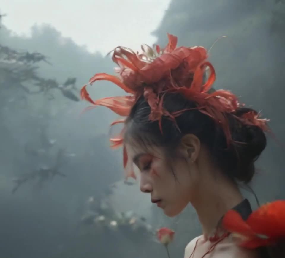红花头饰女子雾中持花凝视