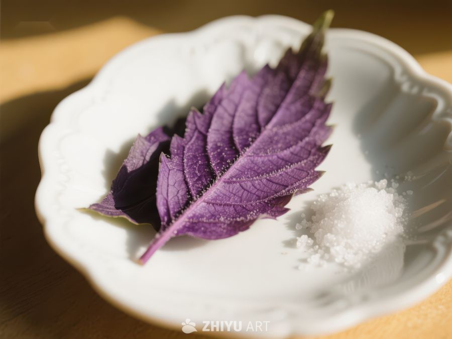 紫叶与盐粒置于白色瓷碟 579