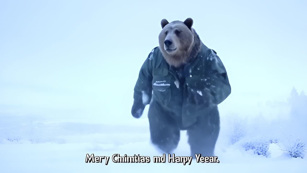 在白雪皑皑的雪景中，一只穿着军绿色迷彩服的灰熊正在