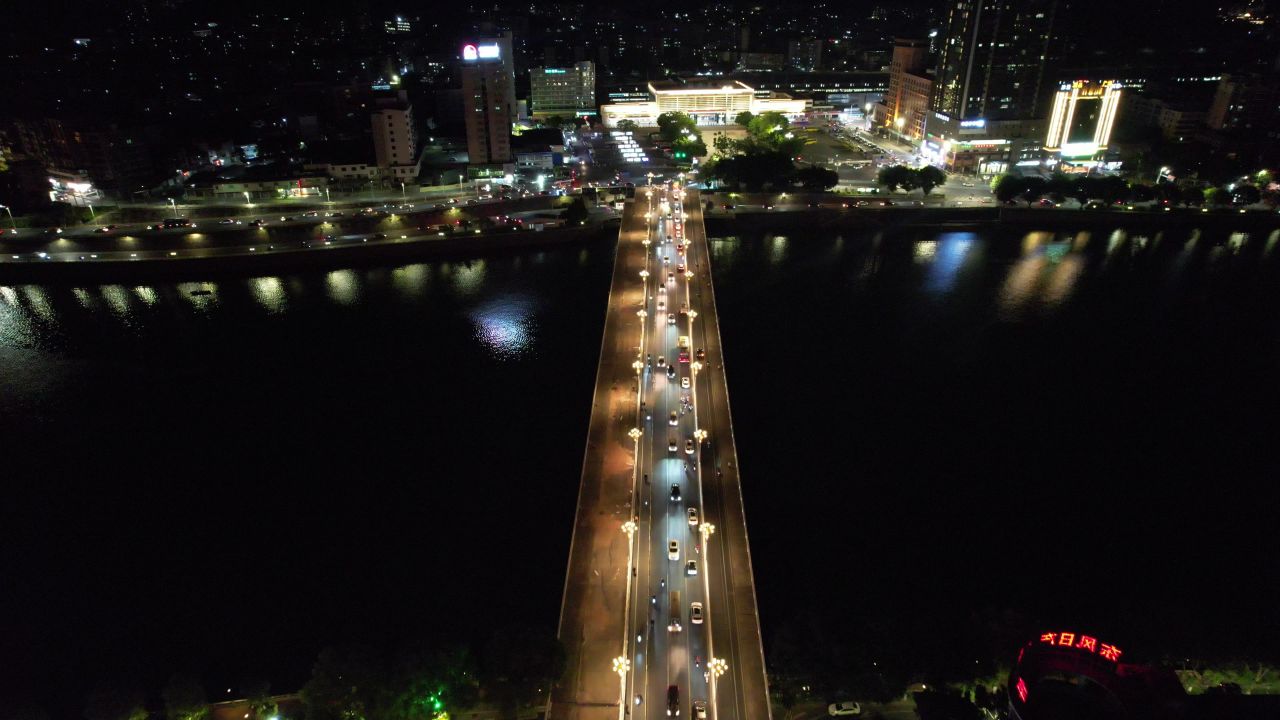广东韶关城市夜景灯光交通航拍