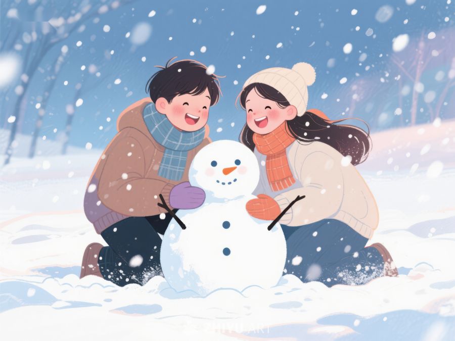 冬日雪地，两人共建雪人 91