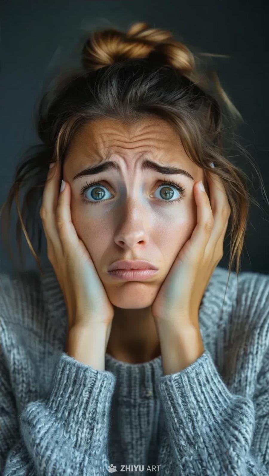一位女性用双手托住面部，她的眼睛睁大，眉毛皱起。她