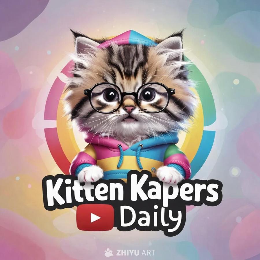 一只穿着彩色条纹连帽衫的猫，戴着圆框眼镜，位于“K