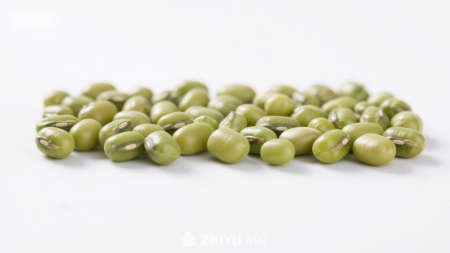 新鲜绿豆散落于白色背景