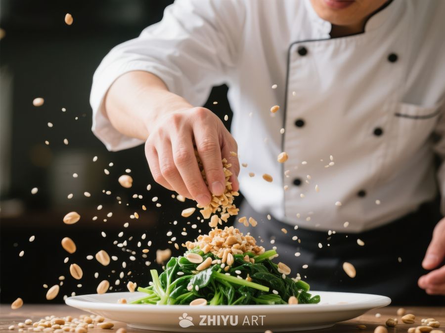厨师撒花生装饰盘中绿叶蔬菜 88