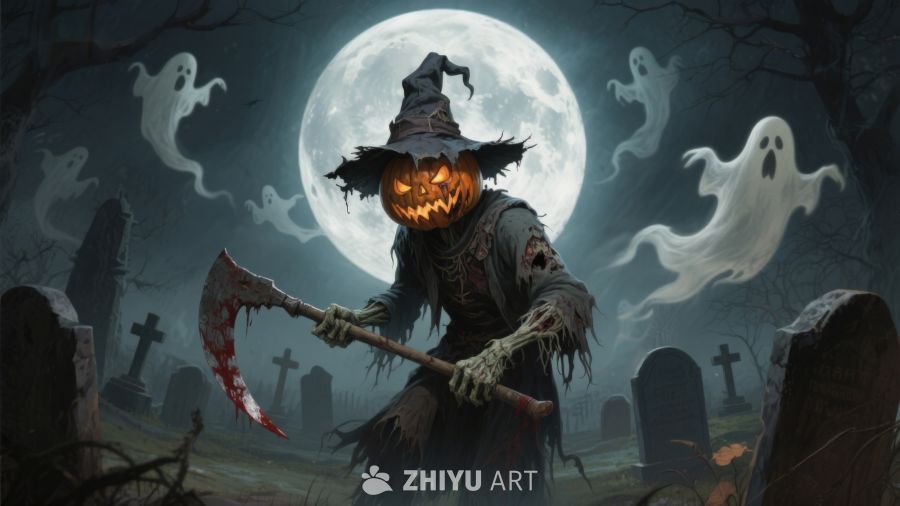 万圣夜南瓜头巫师与幽灵