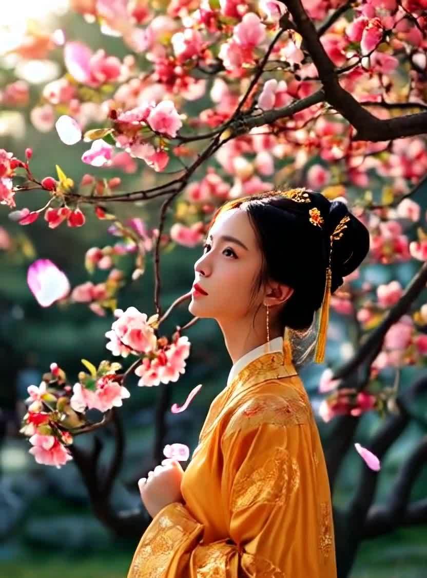 金色汉服女子树下赏花侧颜