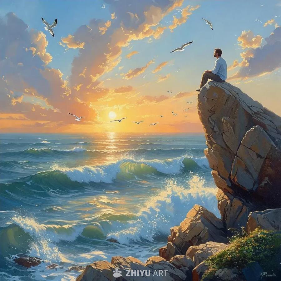 一个人坐在海边的巨石上，眺望着广阔的海洋。海面上波