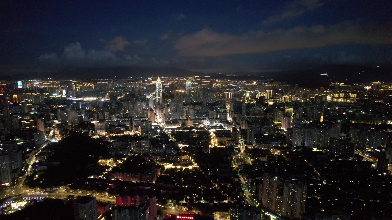 浙江温州城市夜幕降临夜景灯光航拍 