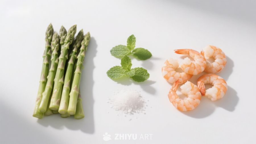 芦笋虾仁配薄荷与盐