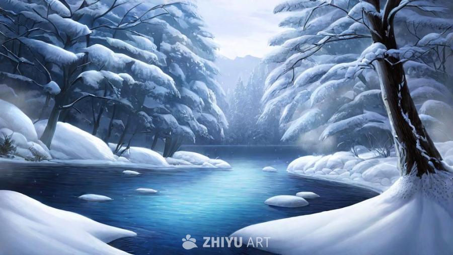 一个风景如画的湖边，呈现出宁静的初冬景象。湖的一侧