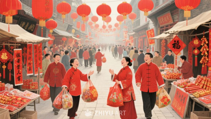 热闹春节市场，红灯笼高挂 768