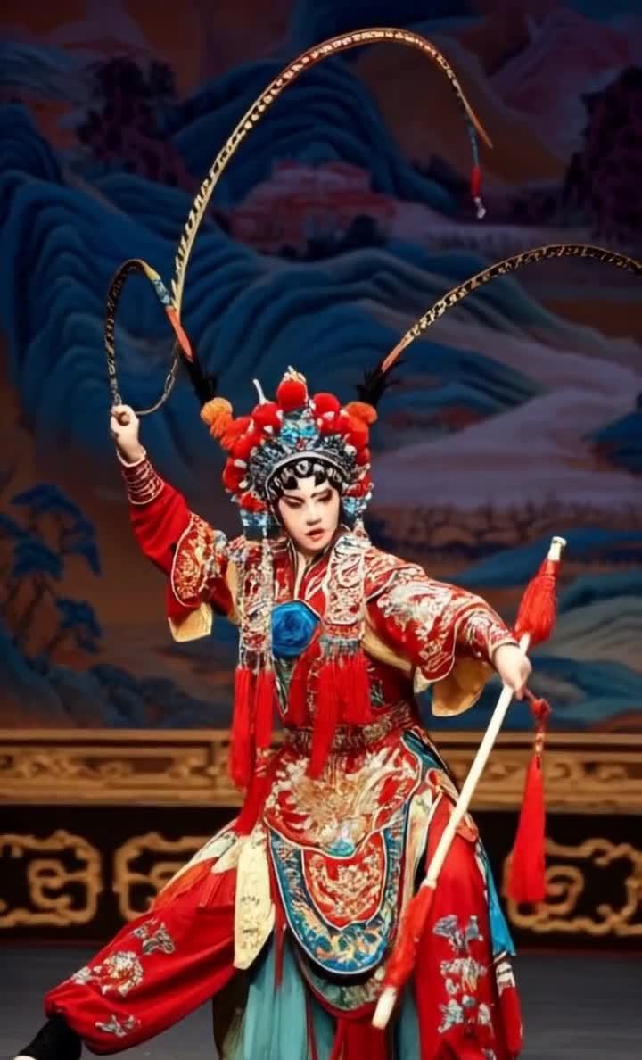 一位身着红色戏服的京剧演员，头戴装饰华丽的头饰，手