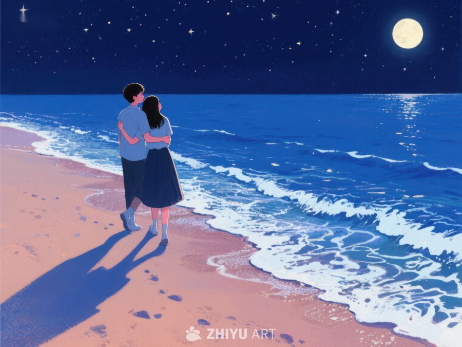 月夜海滩情侣相拥 1132