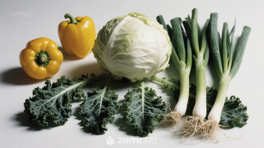 新鲜蔬菜组合：卷心菜、青葱、甜椒与羽衣甘蓝
