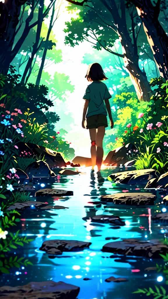 一个穿着绿色衬衫和棕色短裤的人站在一条小溪中，溪水