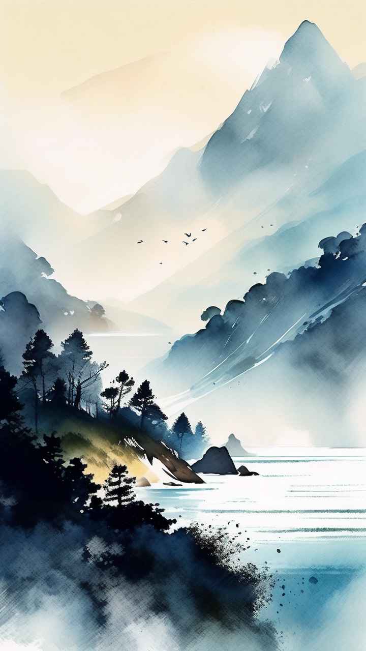雾气缭绕水墨山水画简约风格 12