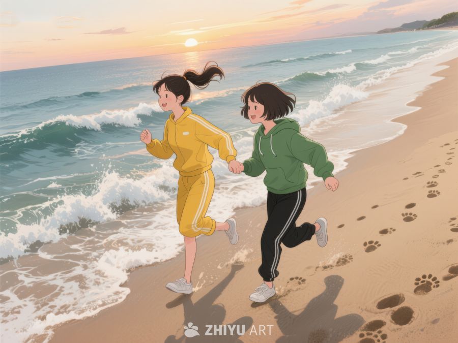 海边奔跑的两人 240