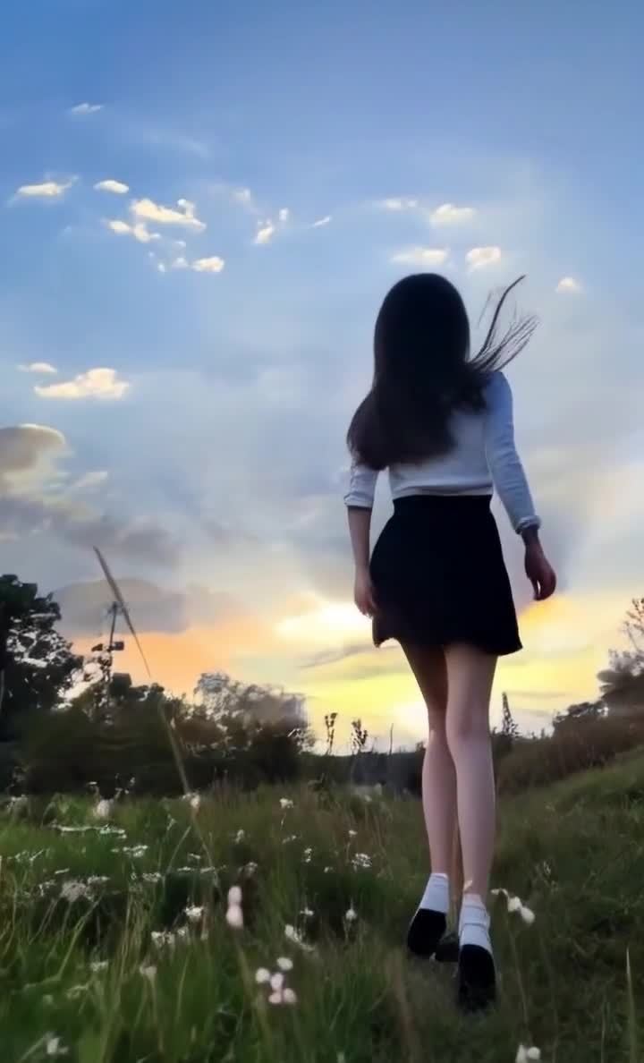 花海夕阳少女背影长发飞扬
