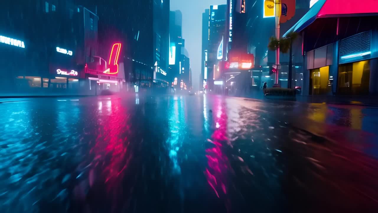 倾盆大雨落在城市的街道上，雨水打在湿漉漉的路面上。
