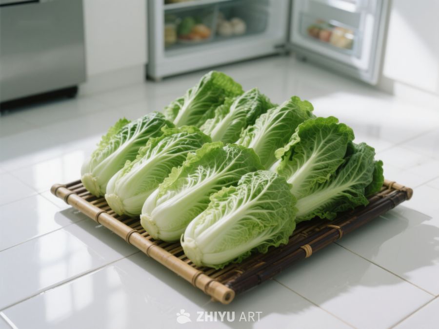 新鲜白菜整齐摆放于竹制托盘 389