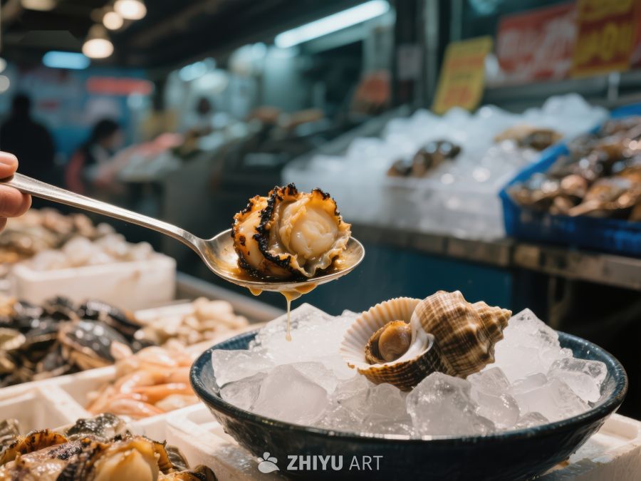 海鲜市场新鲜扇贝展示