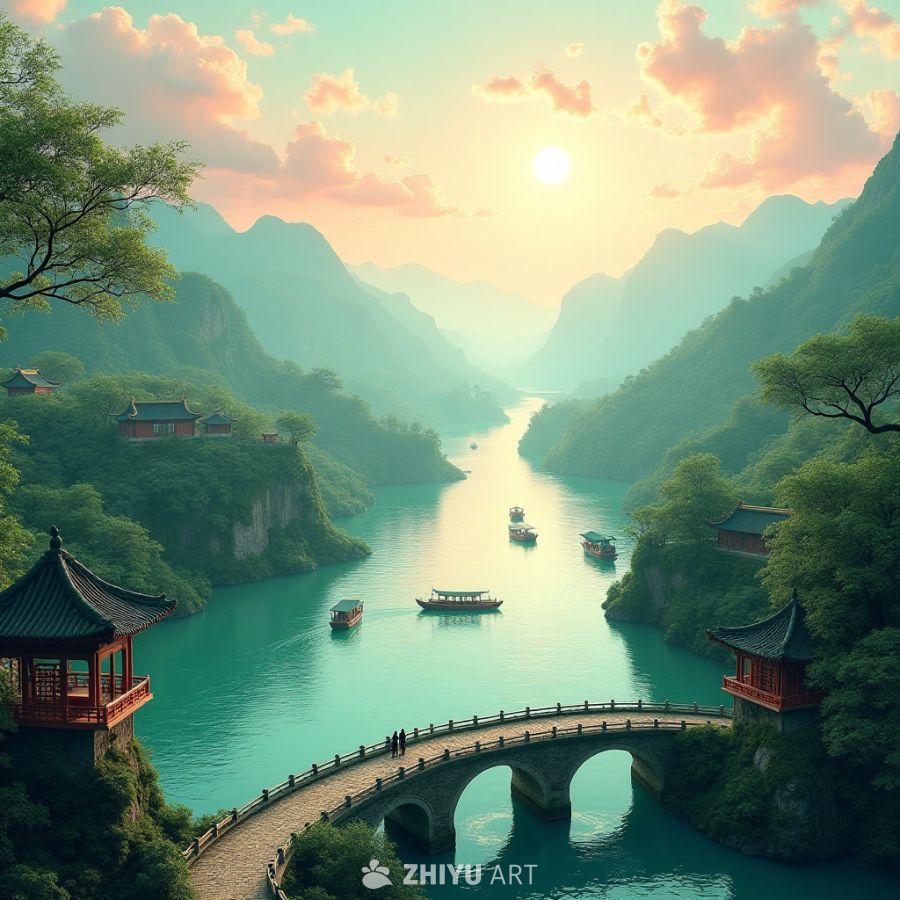 夕阳下的山水画卷