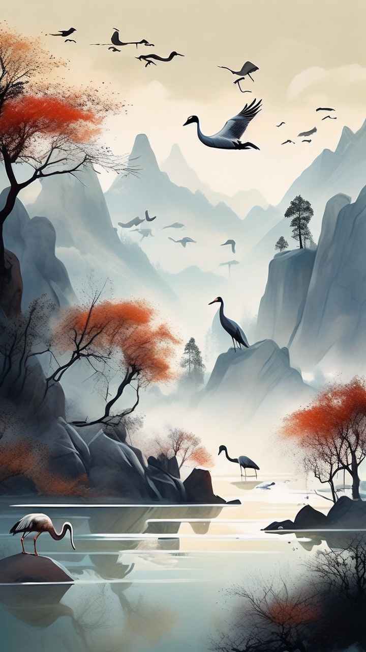 国风山水鹤插画背景 18