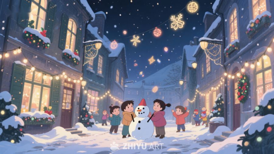 冬夜街景：孩子们堆雪人 47