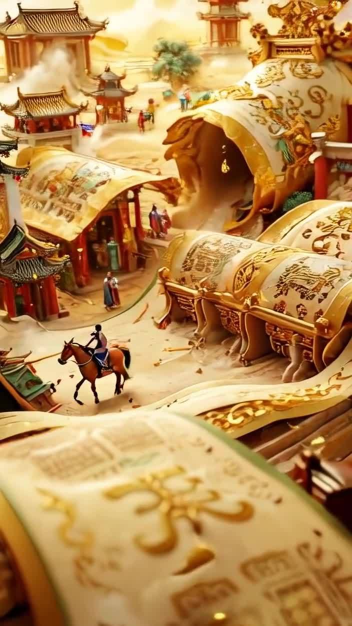 金色卷轴画卷中的古代城镇与骑马者