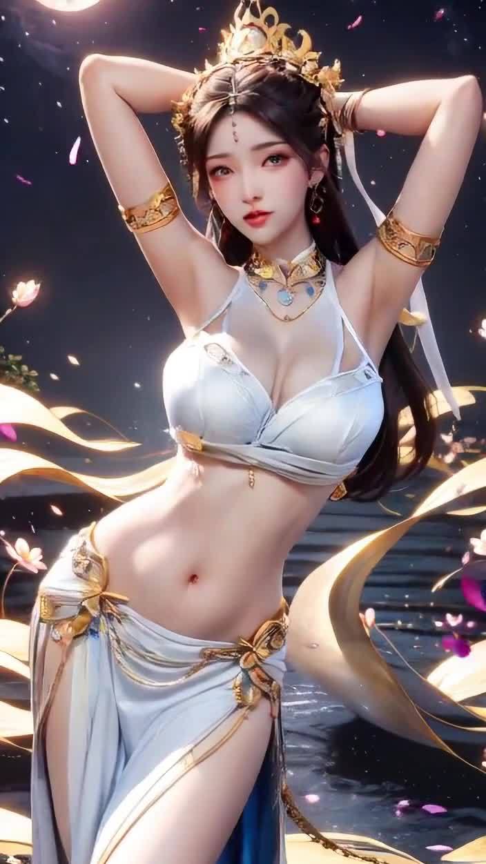 唯美古风女子，金色饰品，水面星光环绕