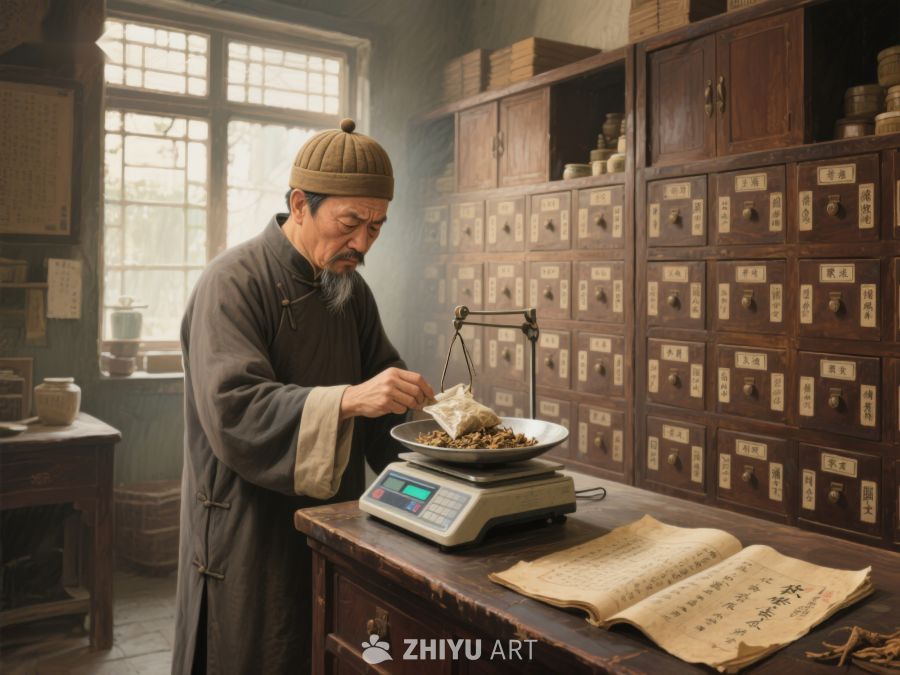 中药师在传统药房称量药材 520