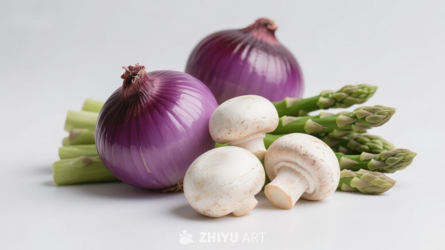 洋葱蘑菇芦笋静物组合