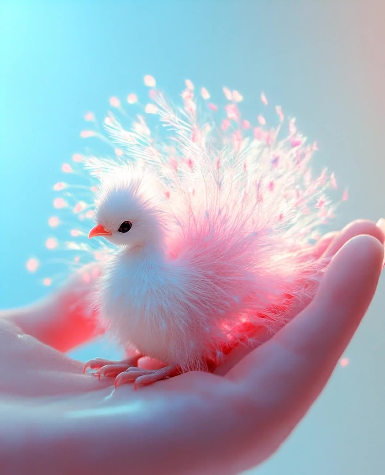 掌心粉色蓬松羽毛幼鸟