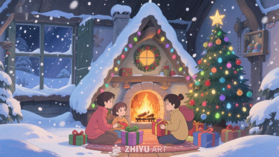 雪夜温馨家庭圣诞场景 413