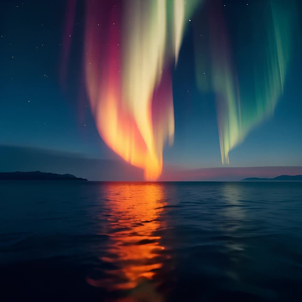 夜晚的天空中，橙色和绿色的极光在平静的海面上方舞动