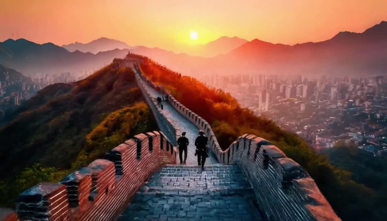 夕阳映照着城墙，城墙后是绵延的群山。城墙上有行人，