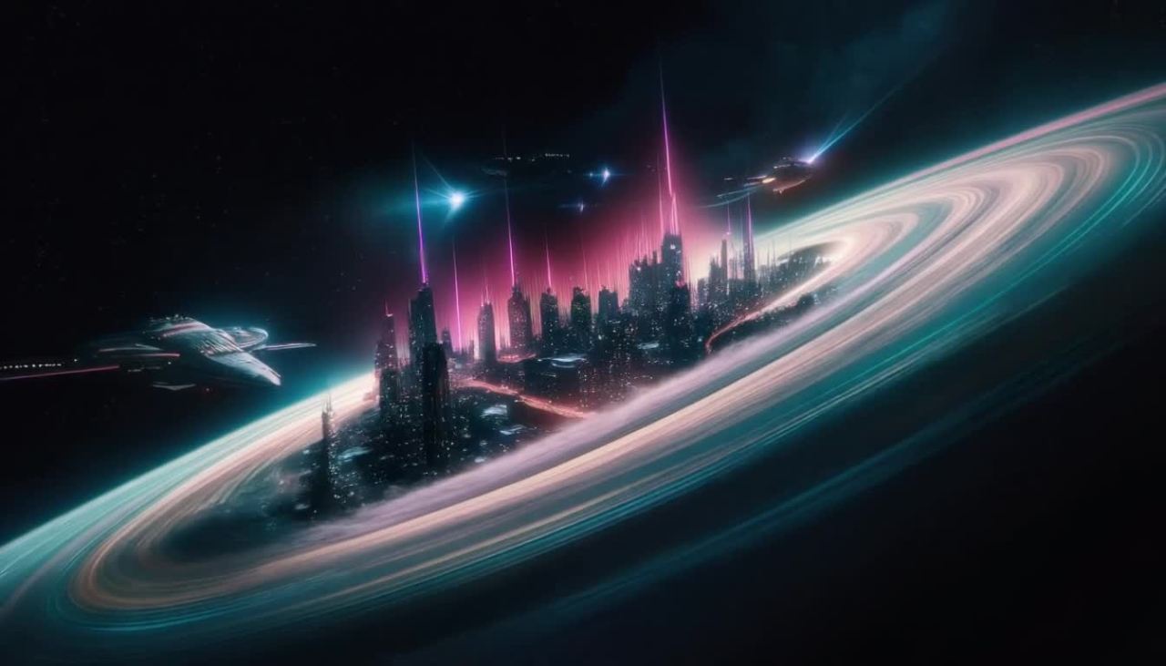 漂浮在气态巨行星木星动荡的气体旋涡之上的未来都市景